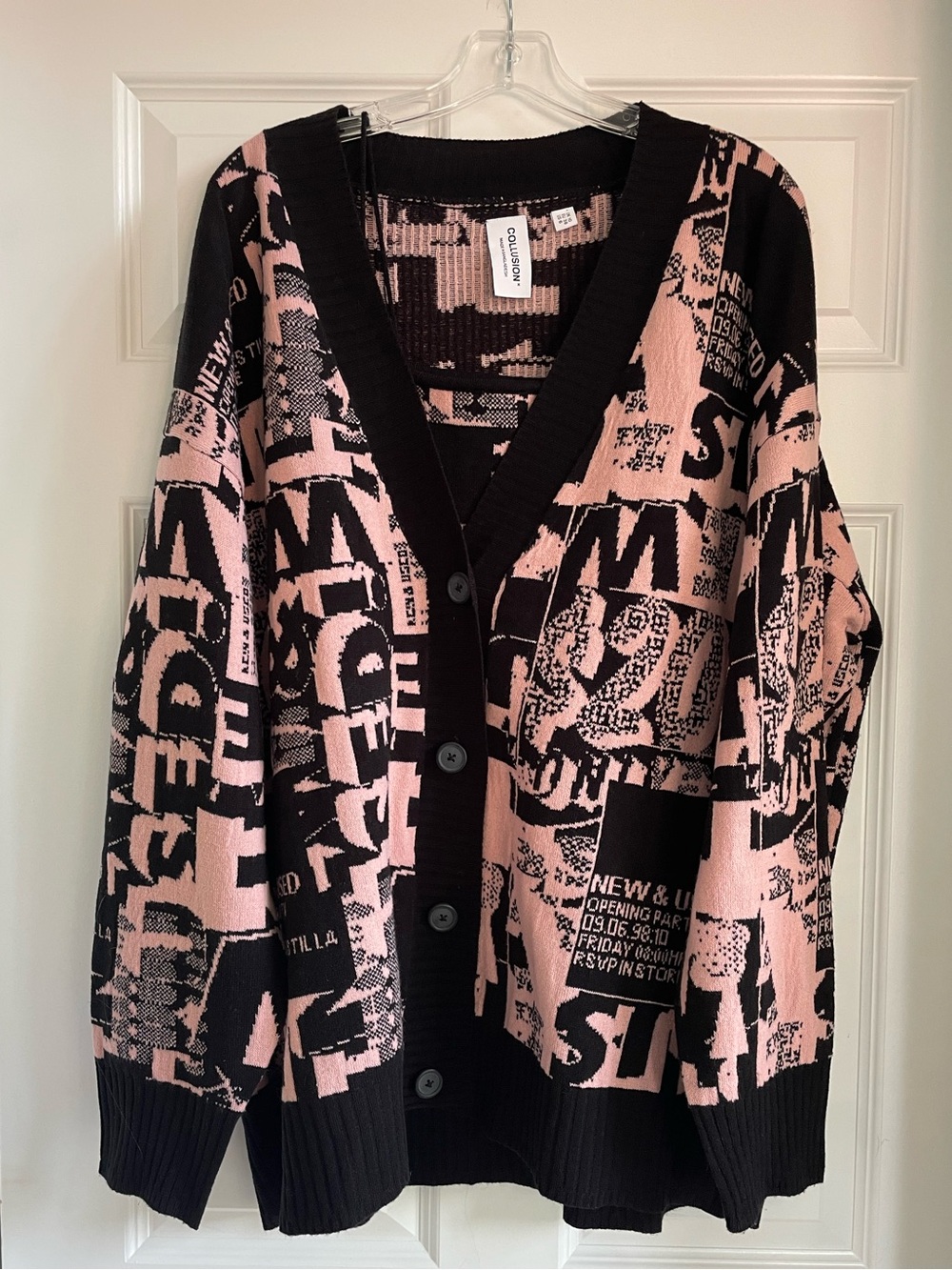 Oversized Pink and Black Graphic V-Neck Button Cardigan with Matching Top